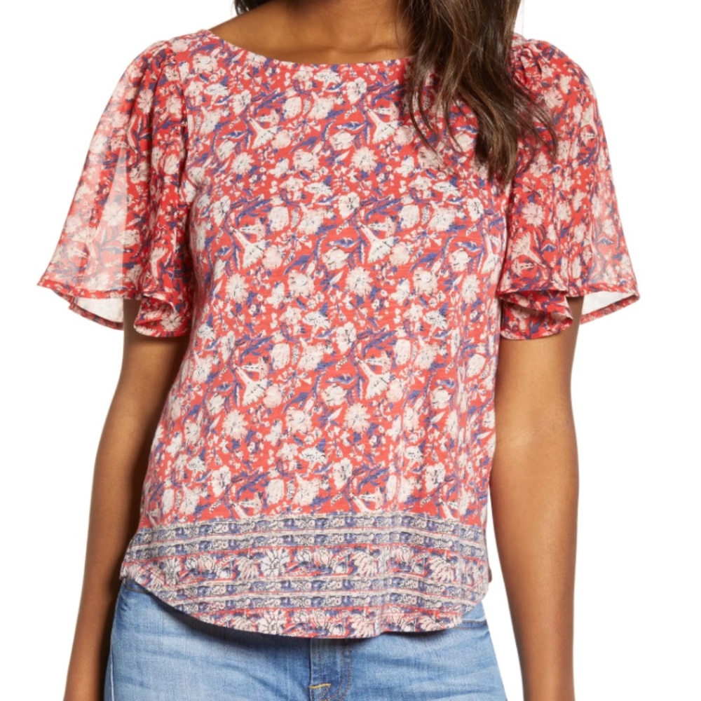 Lucky Brand Mixed Media Floral Flutter Short Sleeve Top